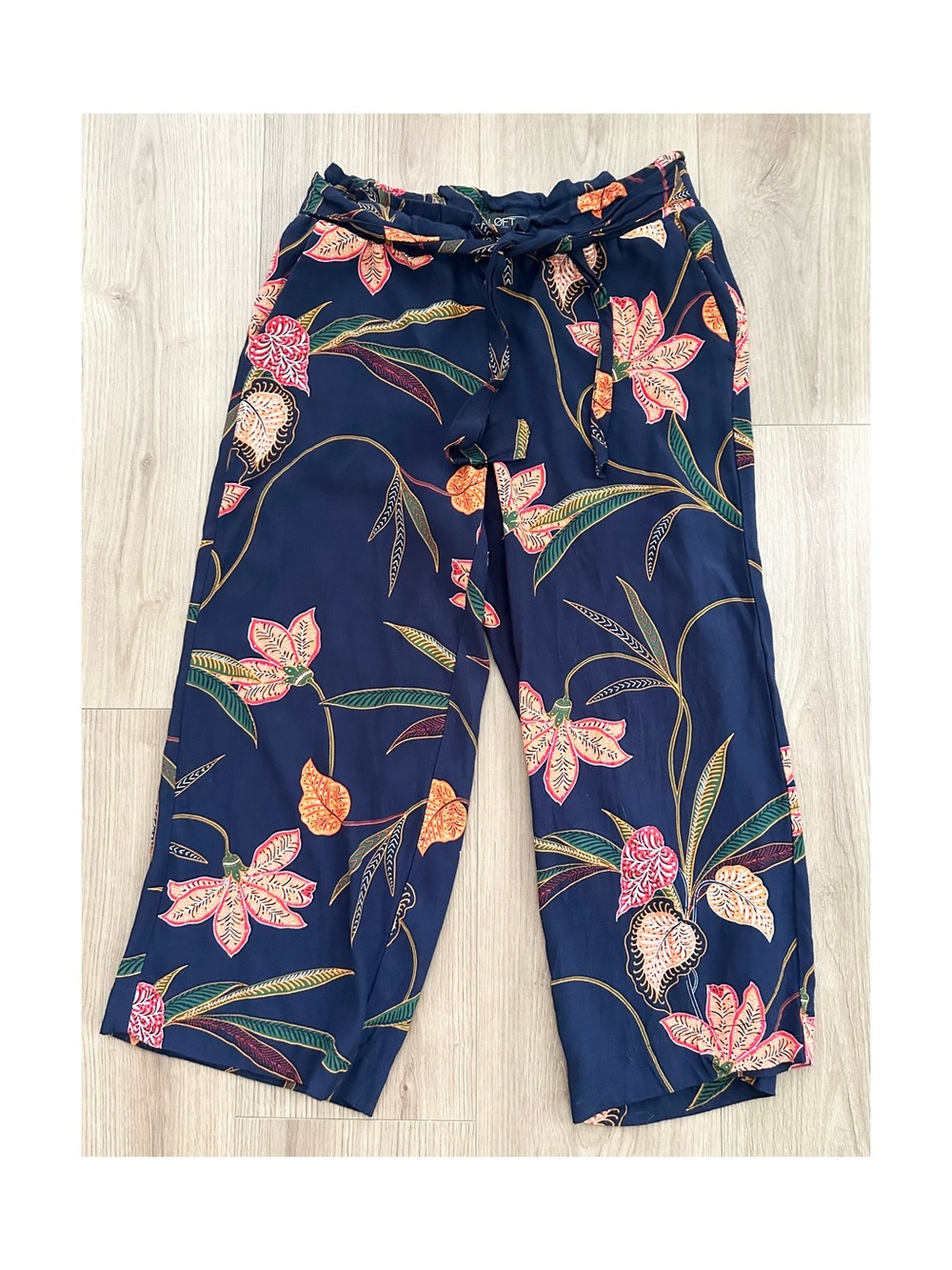 LOFT Navy Floral Pull-On Wide Leg Pants